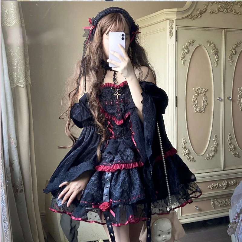 Dark Gothic Lolita Style Dresses Victorian Women Lace Halter Neck