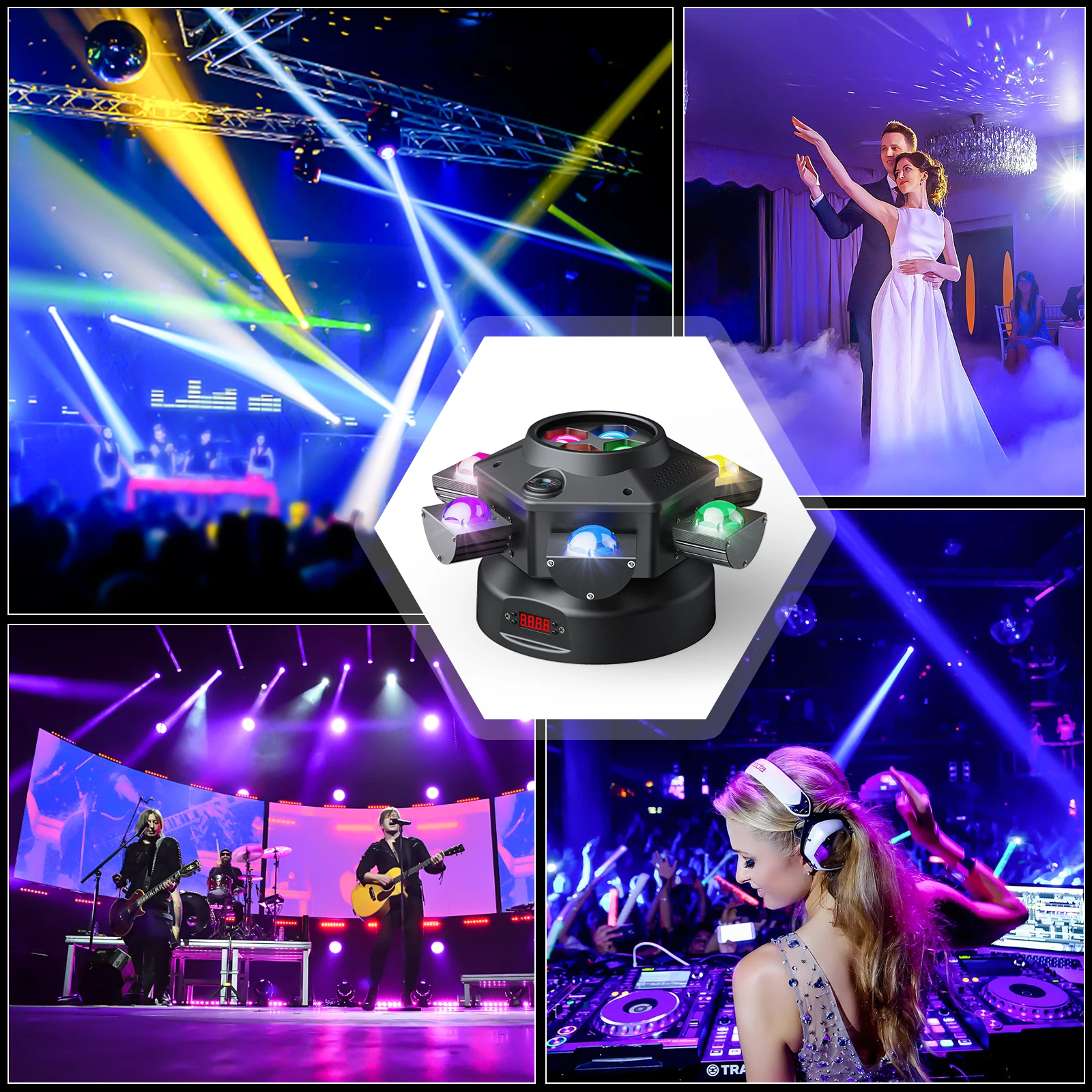 6 Arms  LEDs Moving Head Light Stage Light RGBW Party DJ Lighting Sound Activated DMX 512 for Disco Music Pub Wedding Christmas