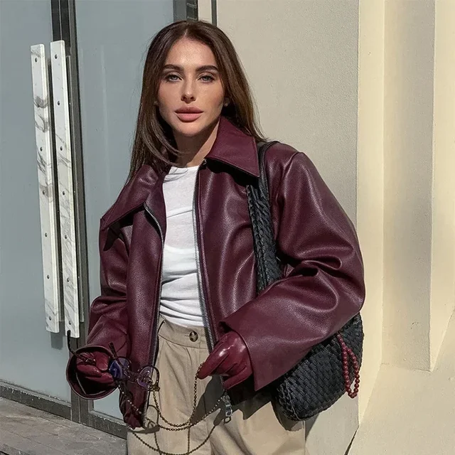 Zekye wiosenne letnie kurtki damskie modny zamek błyskawiczny z klapami z długim rękawem płaszcze damskie Lady Street znosić bordowa skórzana kurtka