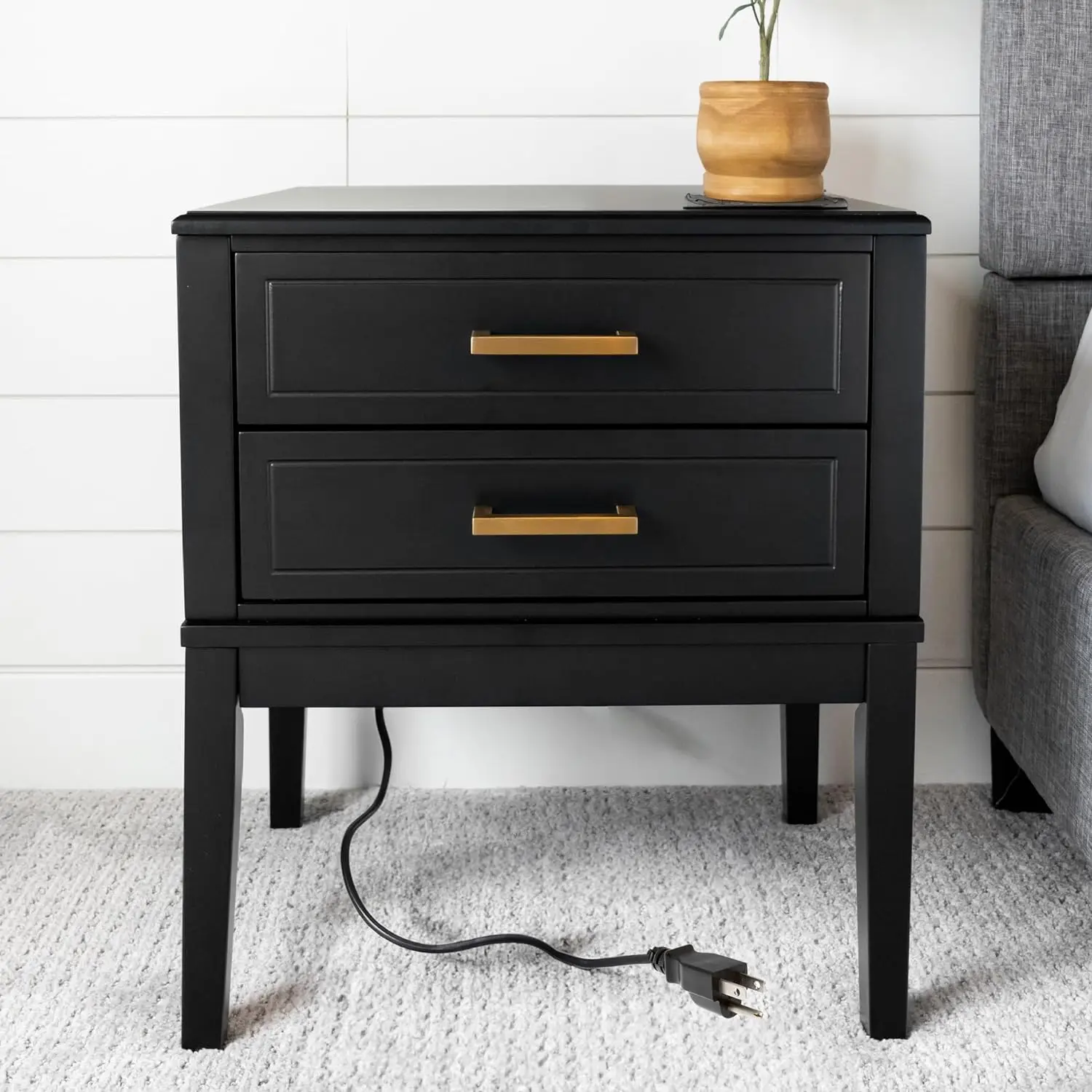 

2 Drawer Side Table with Charging Station - Mid Century Modern with Polished Gold Handles, 2 USB Ports & 2 Outlets