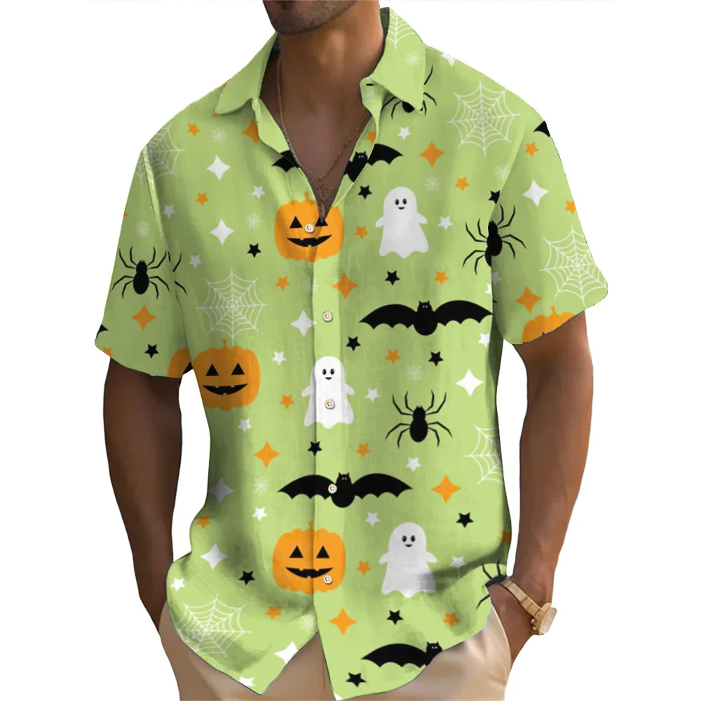 Halloween Shirt  Men's Shirt Pumpkin Skull Print Short Sleeved Shirt Casual  Holiday Party Shirt Top Oversized Men's Clothing