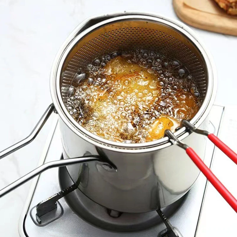 1.2L Deep Fryer Pot Small Stainless Steel Frying Pot with Strainer Basket for Tempura French Fries Chicken Kitchen Cooking Tools