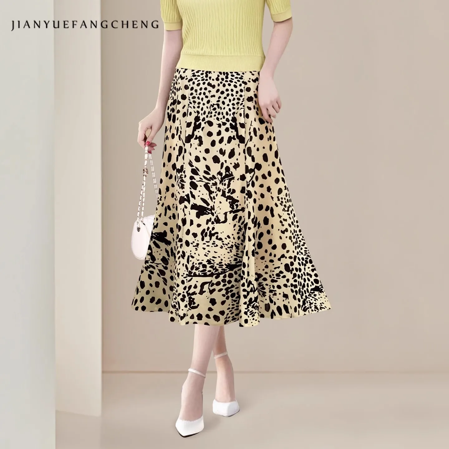 Fashion Yellow Leopard Print Women Summer Long Skirt High Waist A-line Loose-fitting Casual Over-knee Tulle Skirts