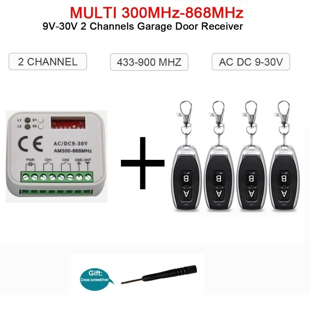

Universal AC/DC 300-868MHz Garage Door Receiver 2CH Remote Control Receiver Replacement Fixed Code Rolling Code 433MHz 315MHz