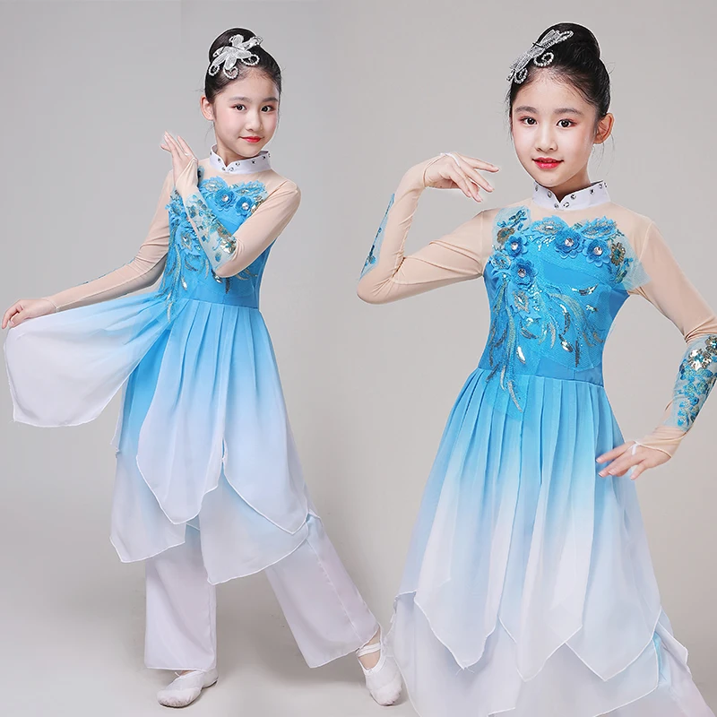 Costumes Yangge pour enfants Fan danse robe Hanfu moderne filles enfants Style chinois pratique Yangge gaze Costumes de spectacle