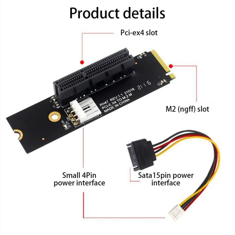 NGFF M.2 para PCI-E Riser Card, 4X, M2 M Chave para Pcie X4 Adaptador com indicador LED, SATA Power Riser para Bitcoin Mining