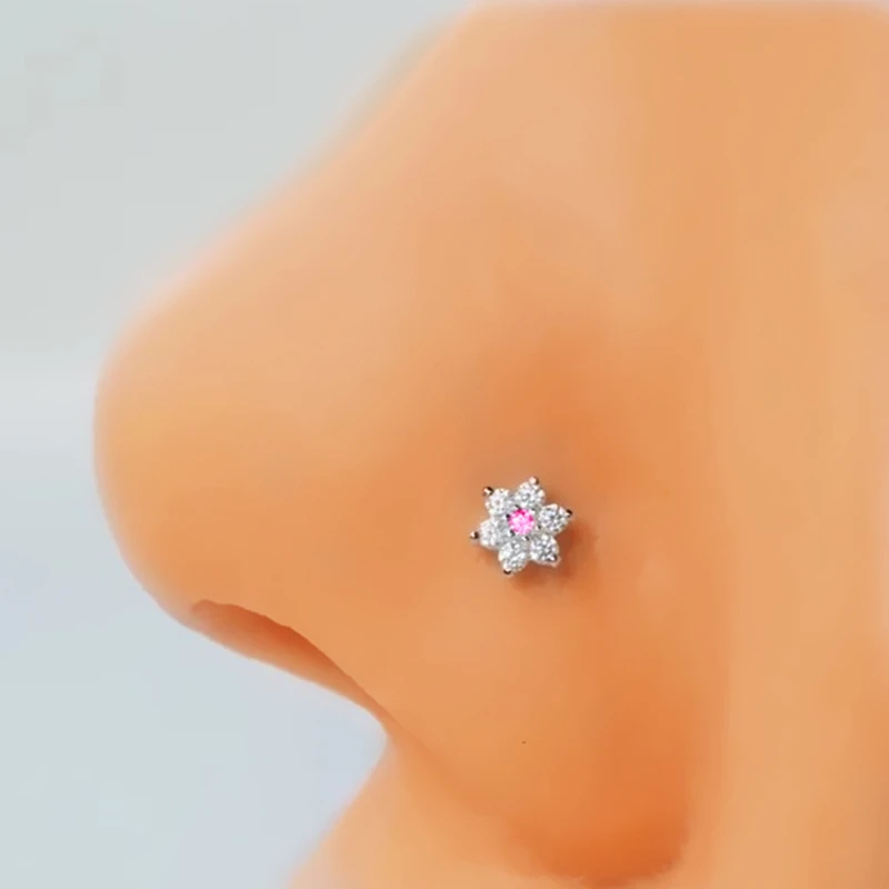 3PC Stainless Steel Flower Nose Piercing Stud Set L Shape Pink Nose Ring Studs Pack Indian Nose Jewelry Bulk Piercing Nariz Lote view 2