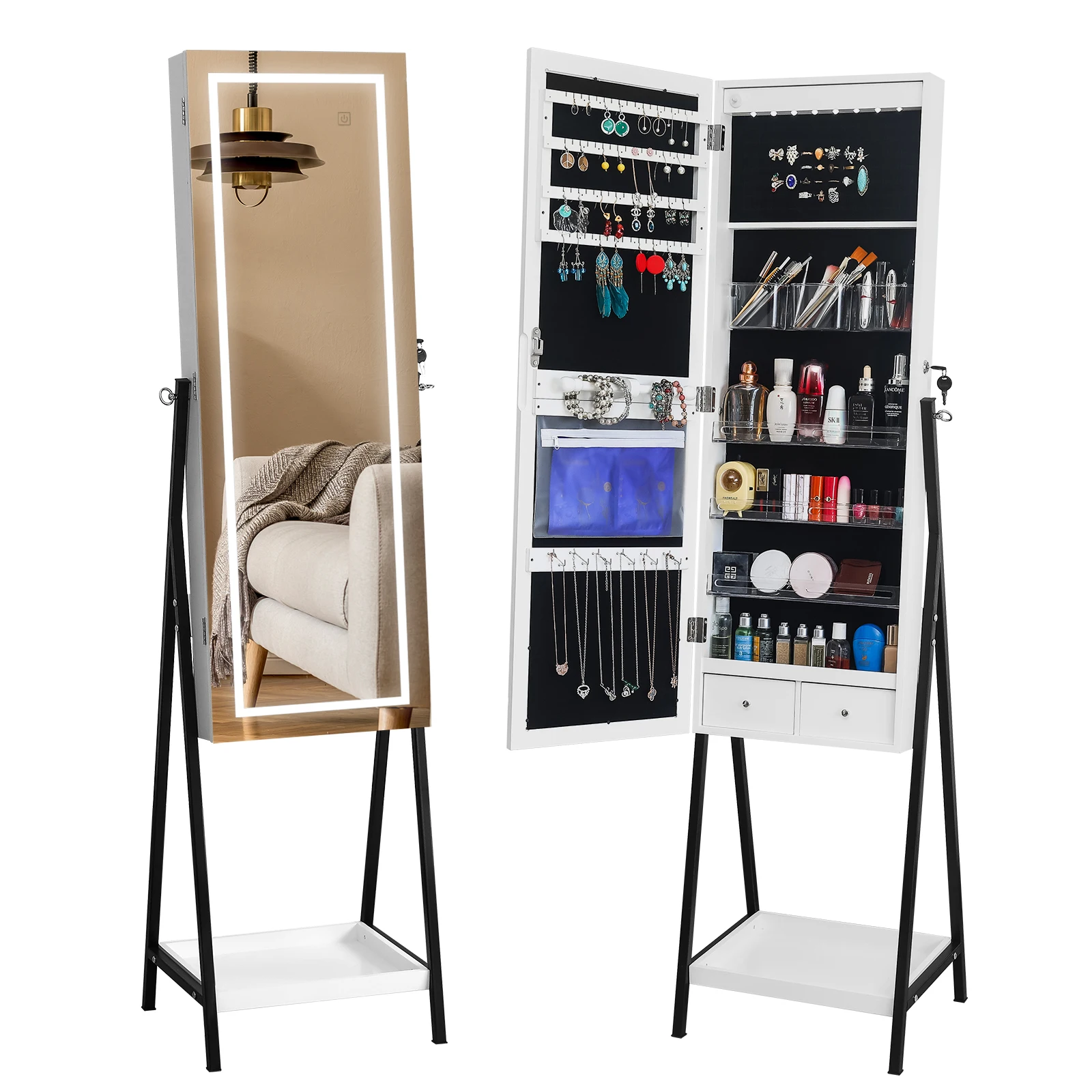 Full mirror wooden floor type with 1 shelf, 3-color led mirror lamp, 8 white interior lamp beads, jewelry storage mirror cabinet