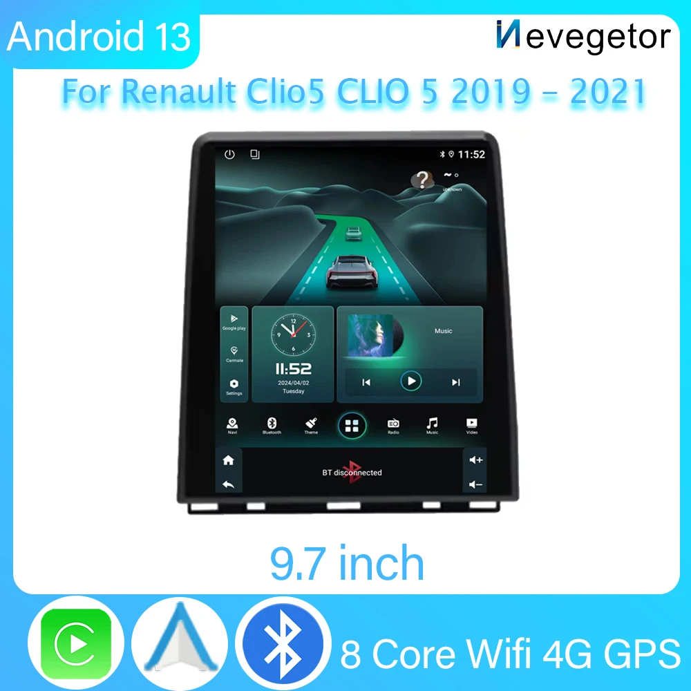 Android 13 Carplay For RENAULT CLIO 5 2019 2020 2021 Tesla Style 9.7Inch Car Multimedia Player 5G Wifi Navigation Touch Display