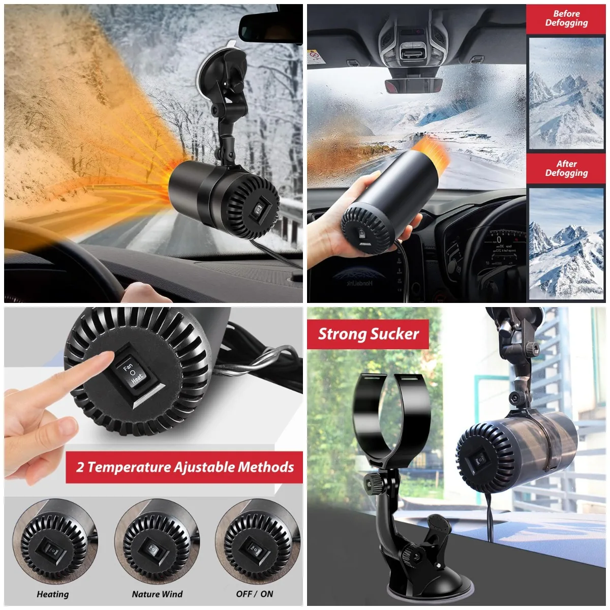 

12V Portable Car Heater, 2-in-1 Heating & Cooling, Fast Defrost Defogger with Suction Holder