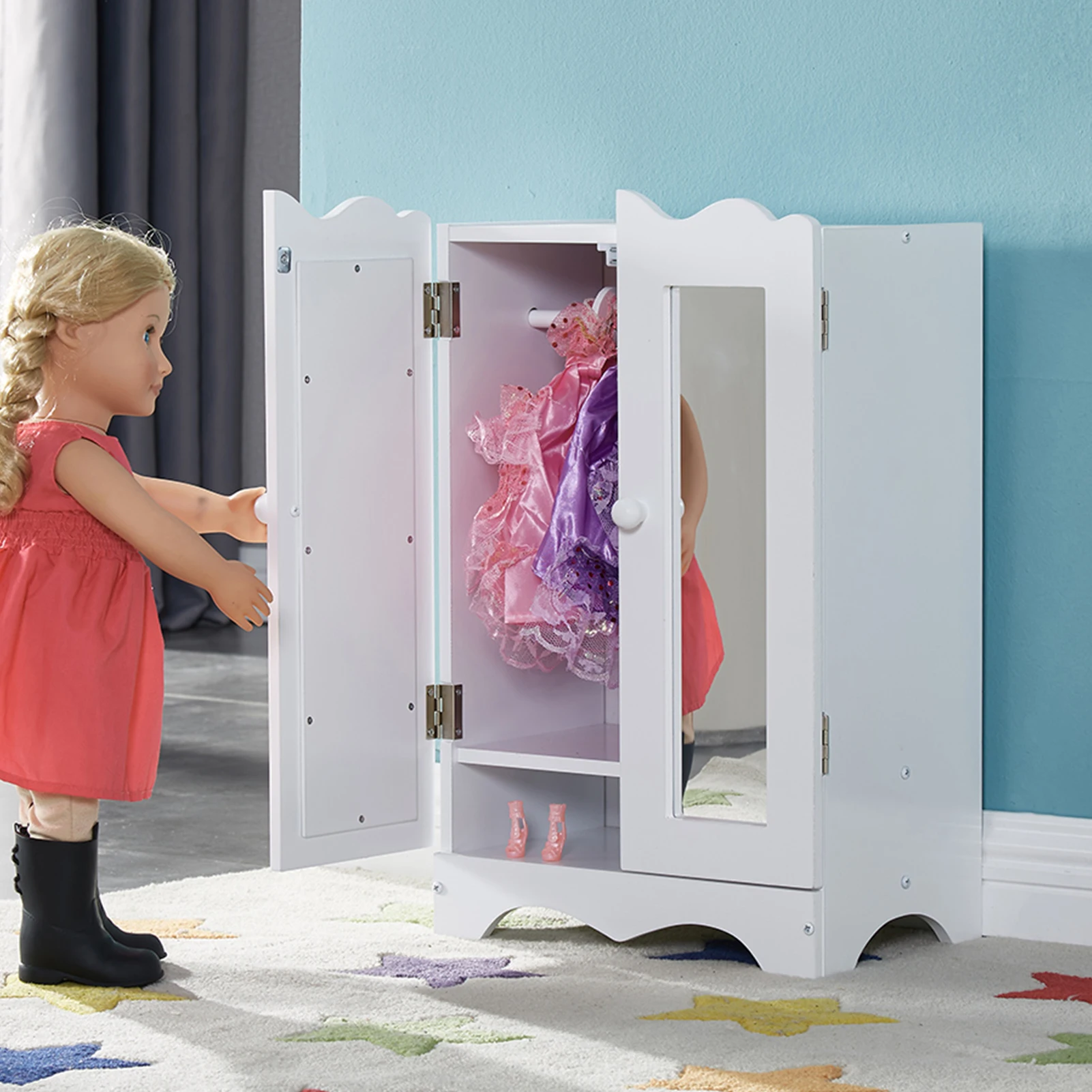 

Деревянный шкаф для куклы с зеркалом, 6 вешалок, 18-дюймовая мебель для хранения кукольной одежды, шкаф для детей старше 3 лет, белый цвет