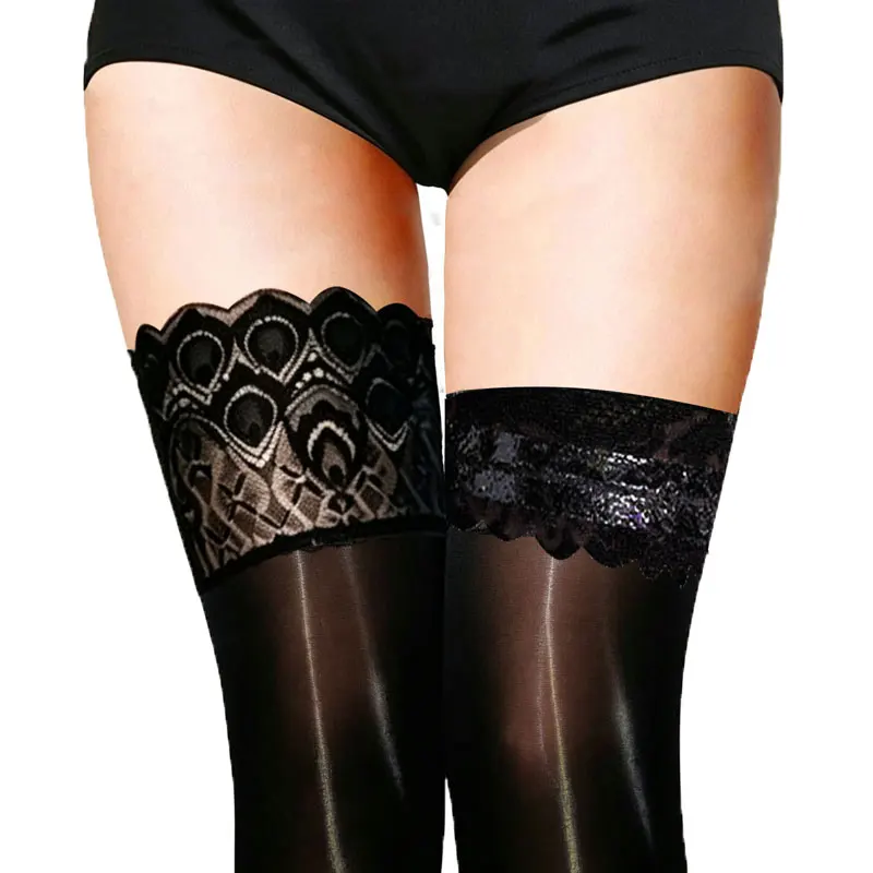 Damen Overknee-Strümpfe mit Glanz-Effekt, Silikon-Antirutsch-Spitzenborte, glänzende Strumpfhose, Seidenstrümpfe für Partys C