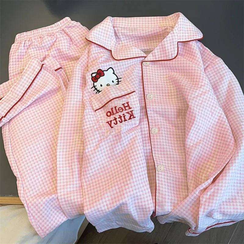 

Sanrioed New Spring and Autumn Long-sleeved Pajamas Women's Cardigan Suit Casual Cartoon Kt Cat Sweet Style Home Clothes