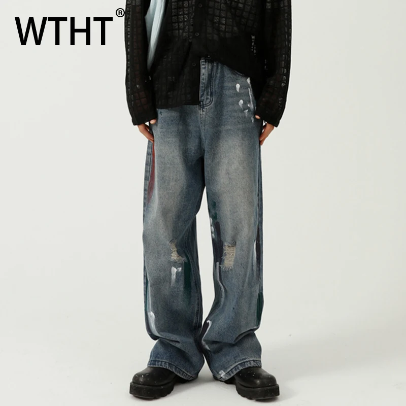 

WTHT Fashion Men's Irregular Graffiti Do Old Design Denim Pants Vintage 2025 Summer High Street Wide Leg Jeans Male 2A0974