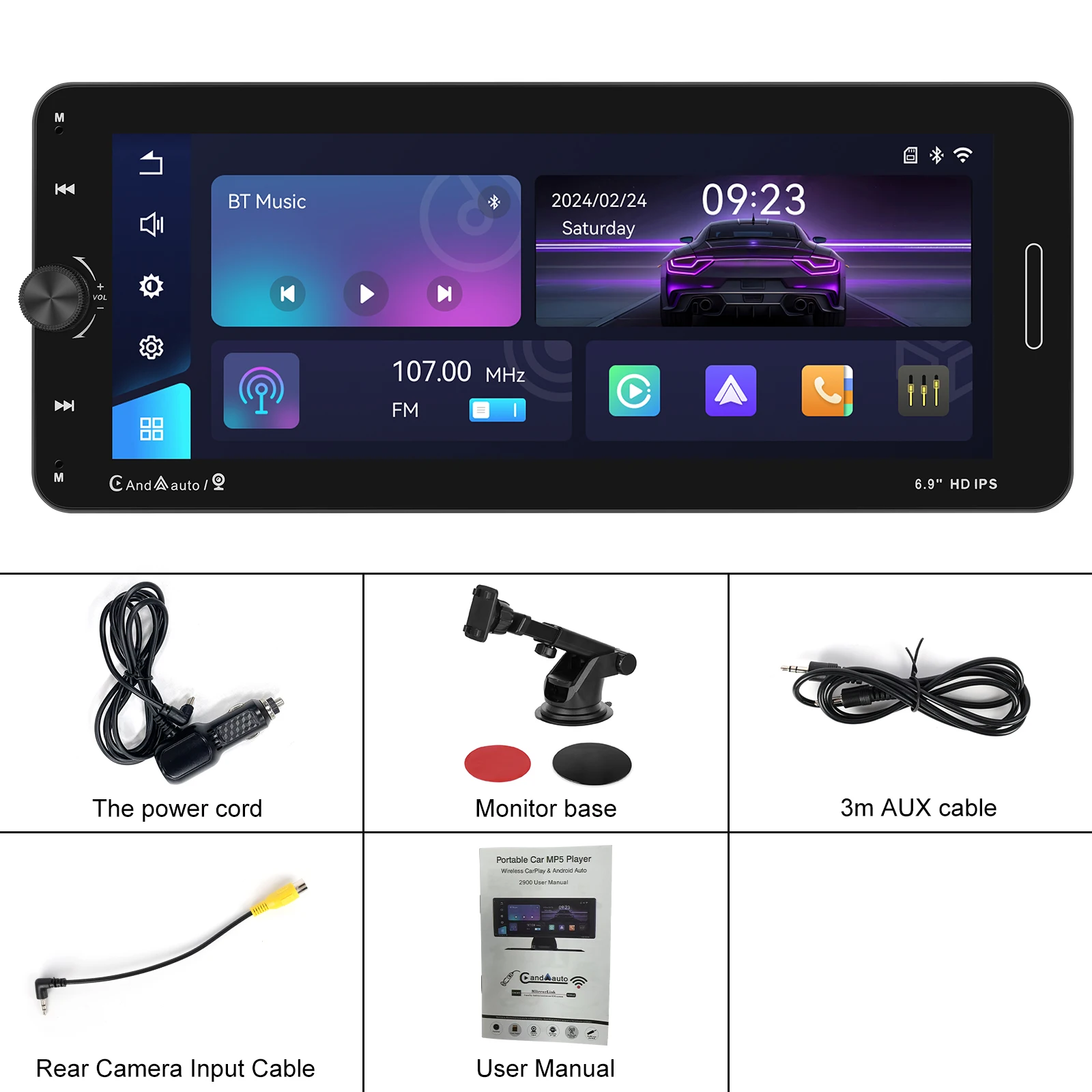 PodoNuremberg-Lecteur d'Écran Intelligent, Carplay, Android Auto, Moniteur IPS, Bluetooth, Airplay, Android Cast, Clé de Volume, 6.9