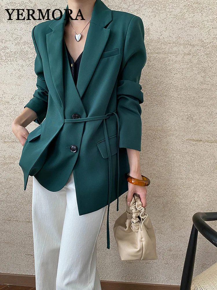 YERMORA Women Navy Blue Bandage Big Size Blazer New Lapel Long Sleeve Elegant Basic Jacket Fashion Tide Spring Autumn 2024