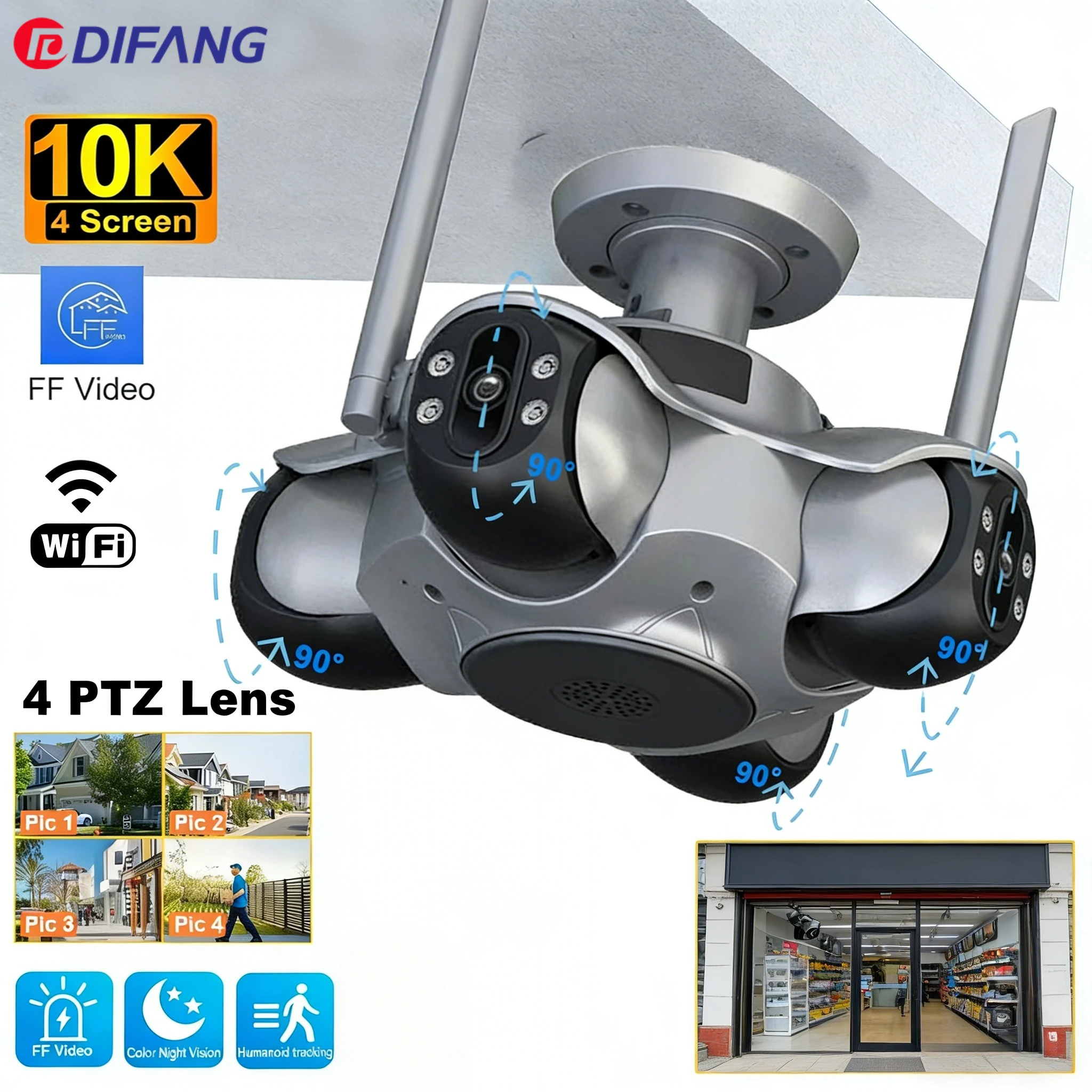 

DIFANG 10K 20MP WiFi-камера видеонаблюдения с четырьмя экранами, 4 PTZ-камеры, автоматическое отслеживание, умная система, четыре объектива, PTZ-камера для видеонаблюдения FFVIDEO
