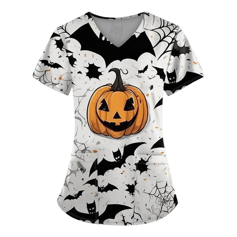 

Halloween Surgical Uniforms Woman Cute Cartoon Print Health Care Nurse Tops Comfort V-Neck Short Sleeve Clinical Uniform Woman