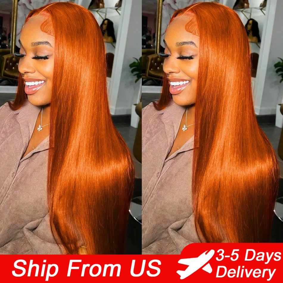 13x4 Frontal Colored Wigs Straight Ginger Orange Color 100% Human Hair Wig HD Lace Front Wigs Preplucked For Black Women 28 Inch