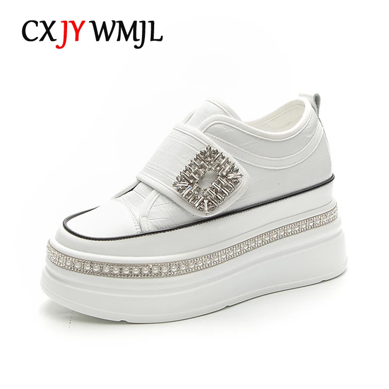 

CXJYWMJL Genuine Leather Platform Sneakers for Women Spring Hook & Loop Vulcanized Shoes Ladies Thick Bottom Casual Wedgies