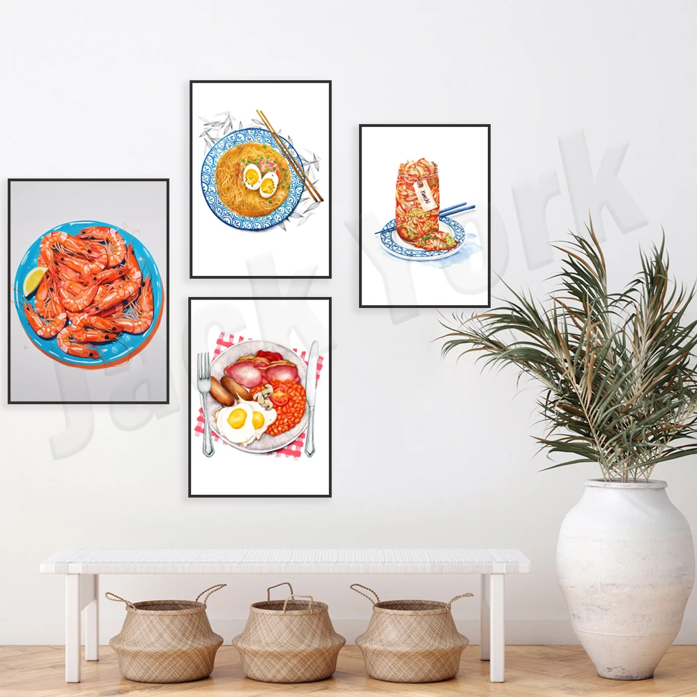 كيمتشي الحب بالألوان المائية الكورية، رامين ياباني، جمبري، فن الإفطار الإنجليزي المقلي، ملصق تزيين المطبخ التوضيحي للطعام #4