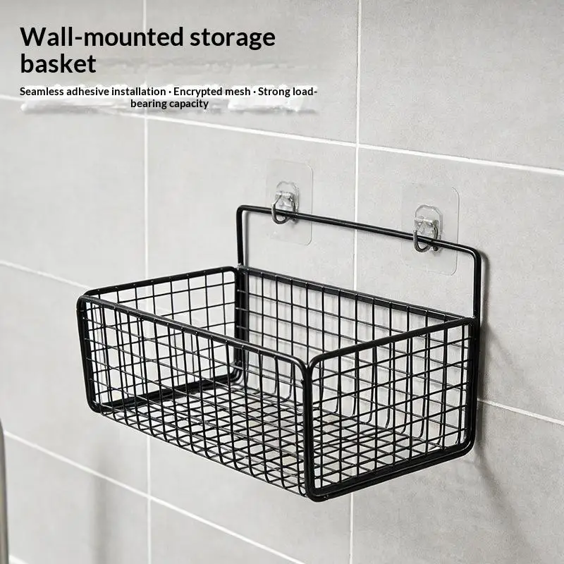 Black Iron Wall Storage Basket Organizer No Drill Sticky Hooks High Load For Bath Kitchen Storage Rack