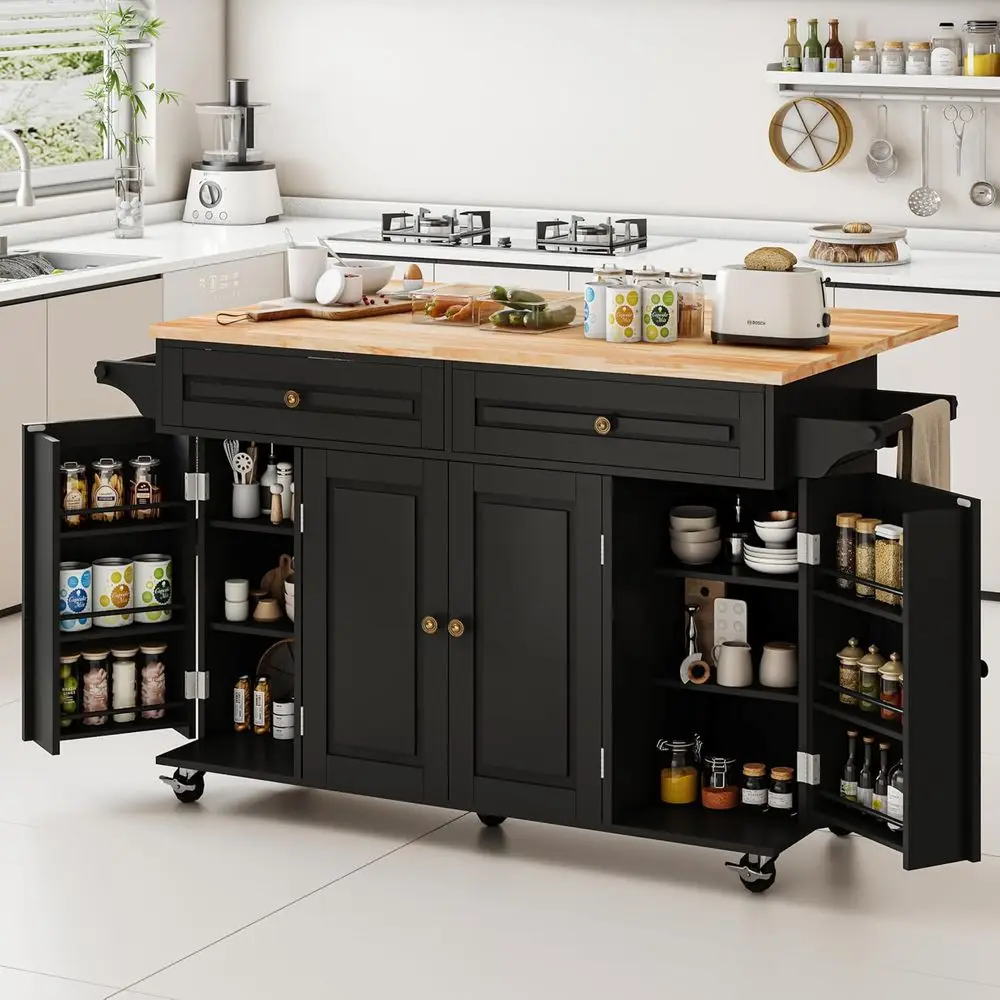 

59 Rolling Kitchen Cart with Drop Leaf, 3-Tier Storage, Power Outlet, 2 Drawers, Towel Racks, Black