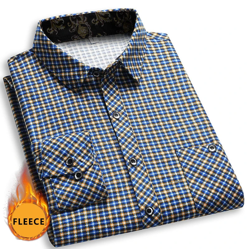 Men's Fleece Shirts Plaid Button Down Shirts Long Sleeve Dress Shirt Wrinkle Free Winter Fall Casual Shirts