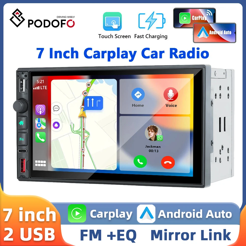 Podofo 7Inch MP5 Player 2Din Multimedia Player Wireless Carplay Android Auto Bluetooth FM/AM/RDS Mirror Link Type-C Car Stereo