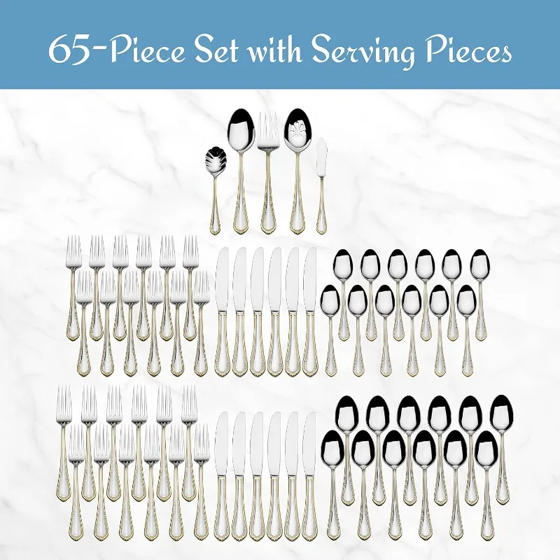 Gold Accent Regent Bead Flatware Service for 12, 65 Piece Set, 18/10 Stainless Steel, Silverware Set with Serving Utensils