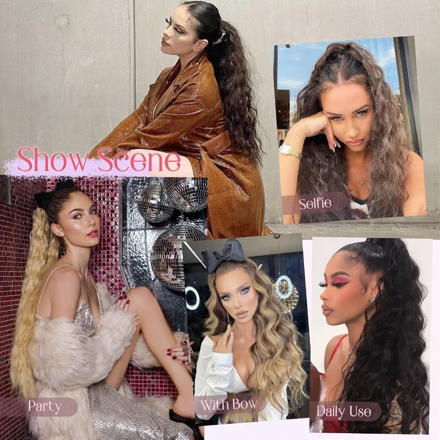 HOOJIH ذيل حصان تمديد الرباط ذيل حصان وصلات شعر 26 بوصة طويلة مجعد متموج ذيل حصان الطبيعية متموجة الاصطناعية هيربيسي