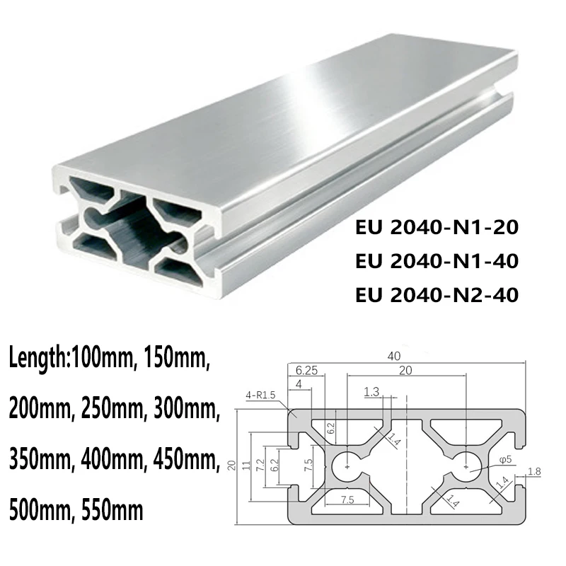 1PC 2PCS Silver 2040N1 2040N2 V-Slot Aluminum Profile Anodized Extruded Aluminum 3D Printer Rail 100 200 300 350 400 500 550 mm