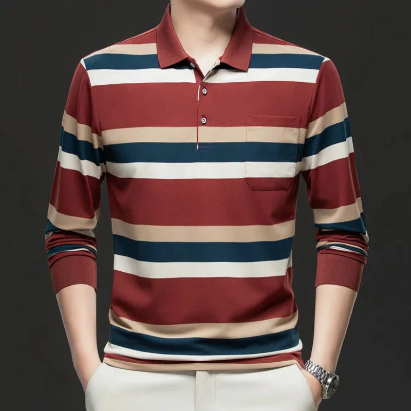 

Male Clothes Chic Polo Shirts Four Seasons Popular Turn-down Collar Striped Long Sleeve Autumn Casual Loose Pockets Business Top