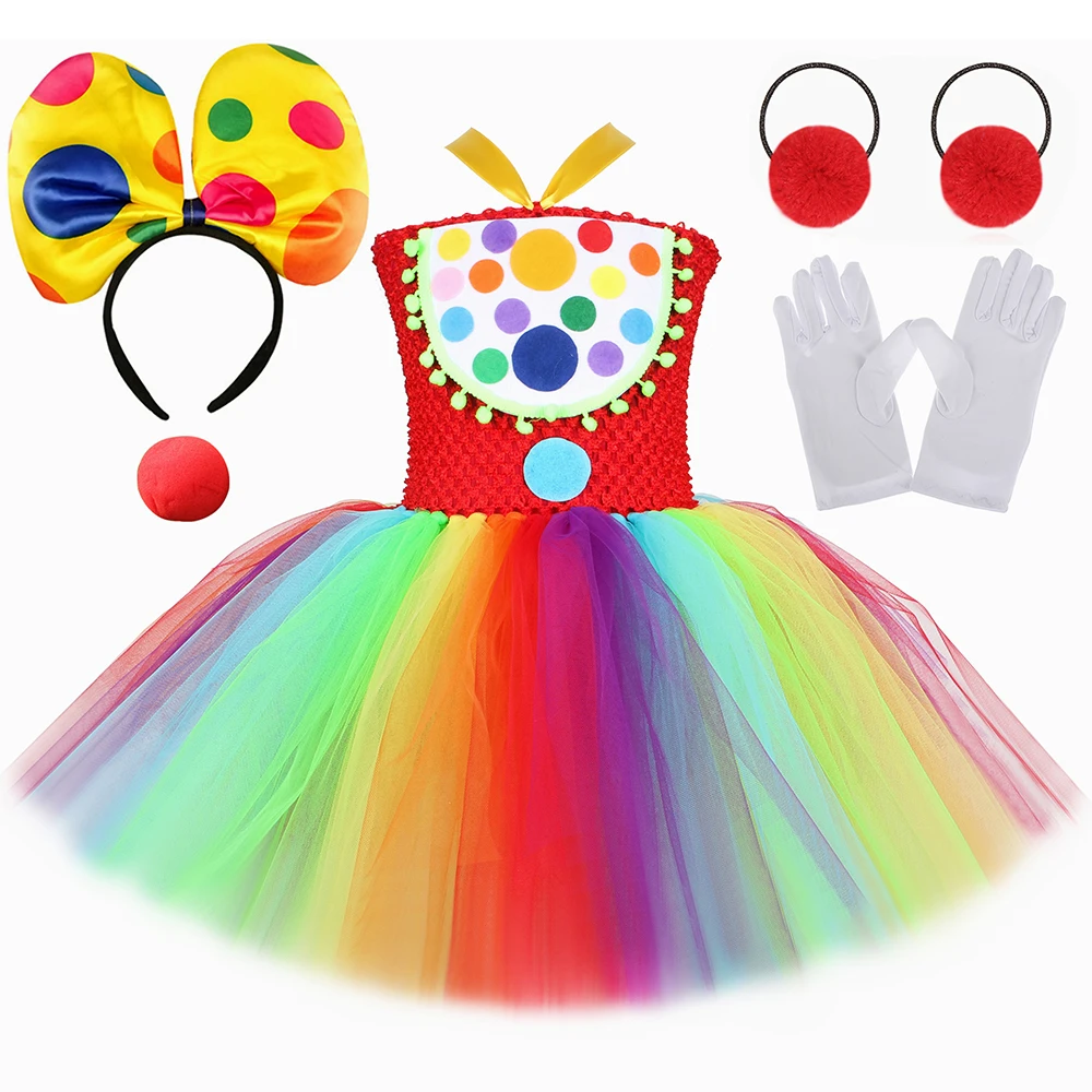 Carnival Clown Costume for Girls Halloween Party Dress Up Ball Gown Toddler Kids Rainbow Funny Circus Clown Tutu Dress Outfits