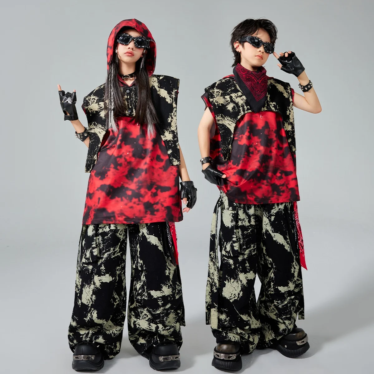 Hip Hop Danskostuums Kinderen Show Jazz Outfit Rode Hoodie Camouflage Broek Kid Mode Kleding Street Dance Wear AMY2421