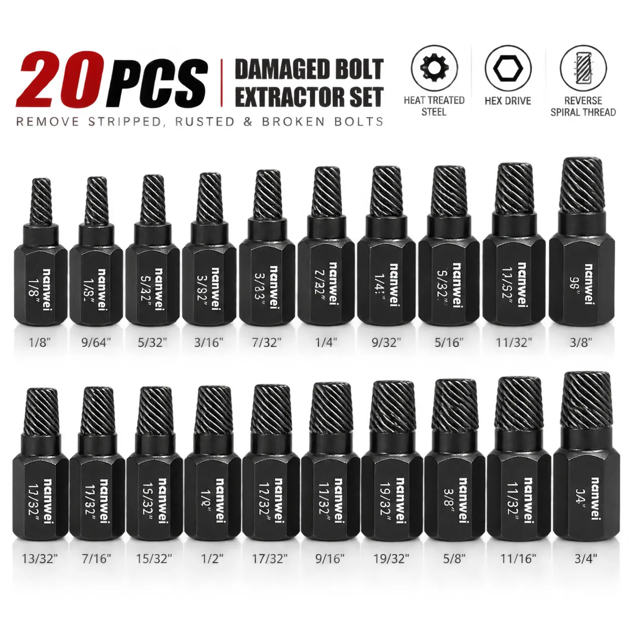 20Pcs Alloy Steel Screw Extractor Set, 1/8