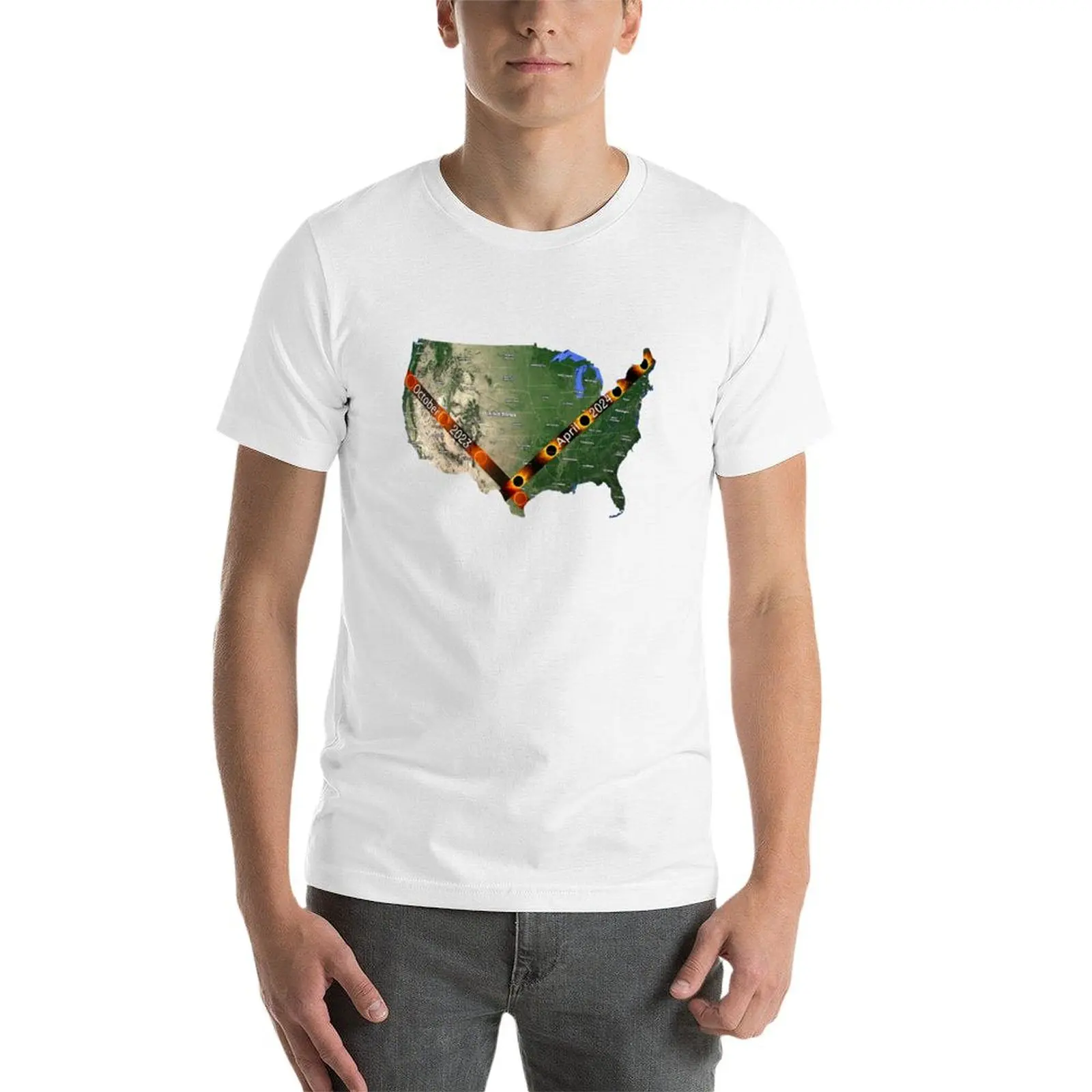 الولايات المتحدة الأمريكية الكسوف الشمسي الحلقي 2023 وإجمالي الكسوف الشمسي 2024 مسارات تي شيرت مطبوعة تي شيرت للرجل تي شيرت #4