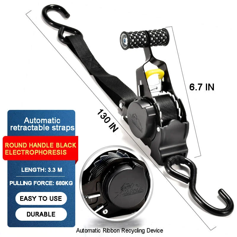 Cargo Auto Retractable Ratchet Tie Down - Black Electroplated, White Zinc T-Handle - Effortless Retraction, Tidy, Long-Lasting