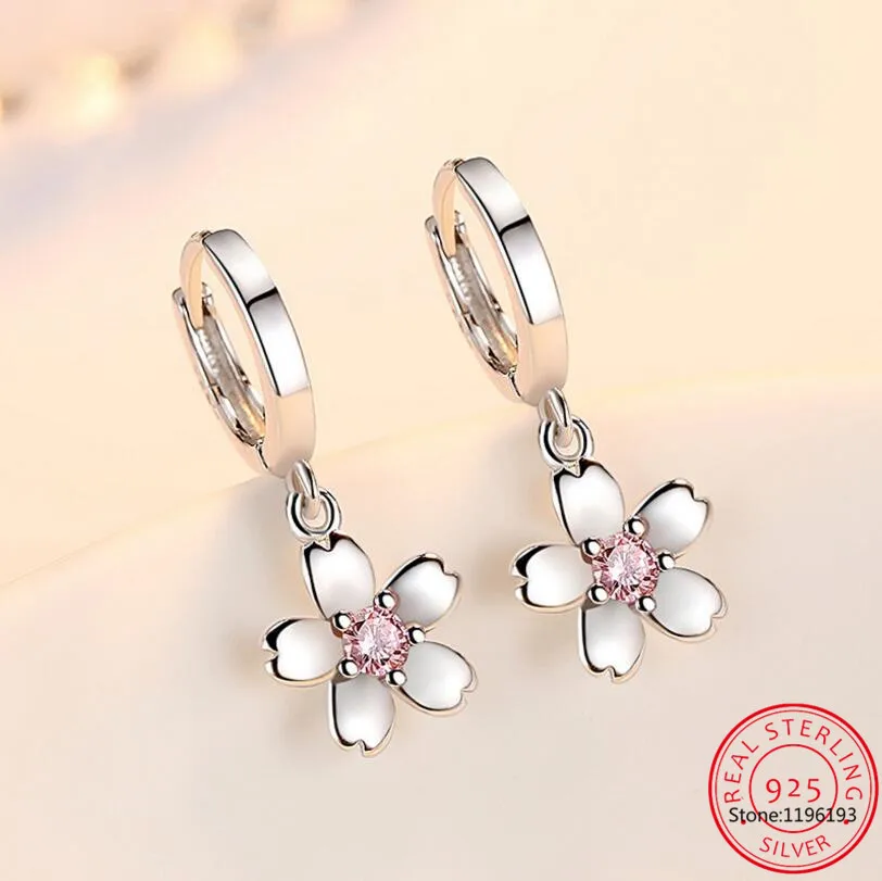 Fashion Child 925 Silver Pink Zirconia Cute Flower Hoop Earrings Girl Women Beautiful Huggies Earring Jewelry Anti-Allergic E198