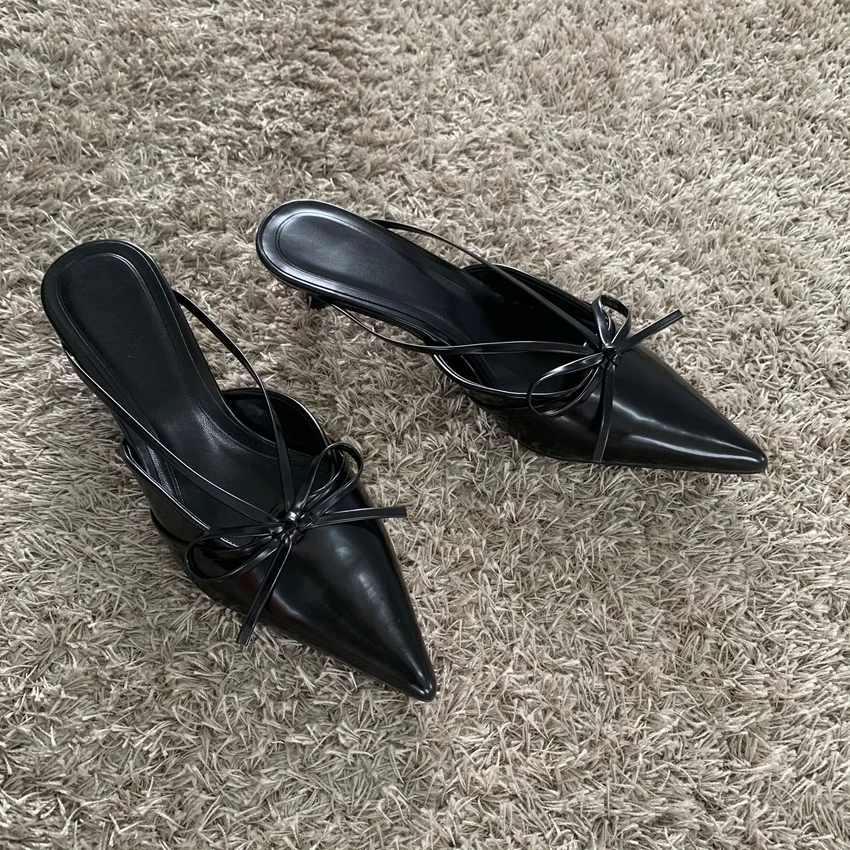 

Новый модный дизайн, шлепанцы-мюли с острым носком и узлом-бабочкой на низком тонком каблуке, женские туфли-лодочки, сандалии с открытой пяткой, женская обувь