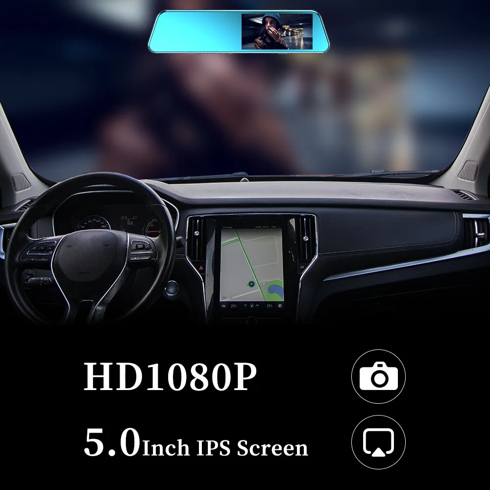 High-Definition Touch Screen Rearview Mirror Driving Recorder Front Rear 2Channels Car DVR Dash Cam 1080P Night Vision Black Box