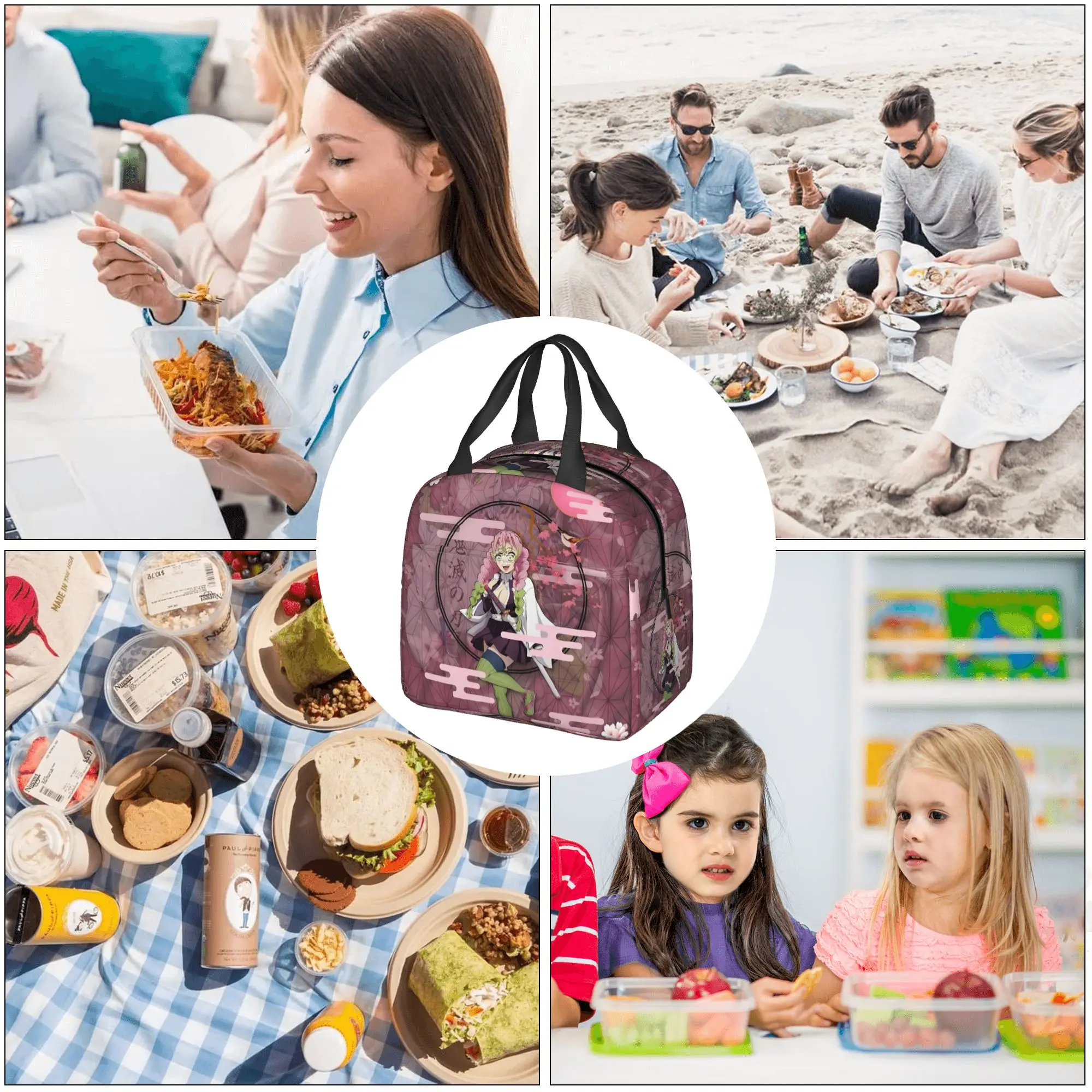 Custom Comic Kanroji Mitsuri Insulated Lunch Tote Bag for Women Demon S-Slayer Portable Thermal Cooler Bento Box School view 6