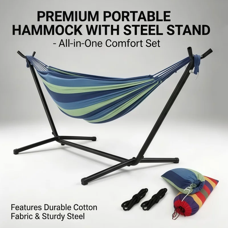 Best Portable Heavy Duty Cotton Swing Hammock Steel Frame Stand Outdoor Garden Patio Yard Backyard Max Load 200kg New Hot Sale