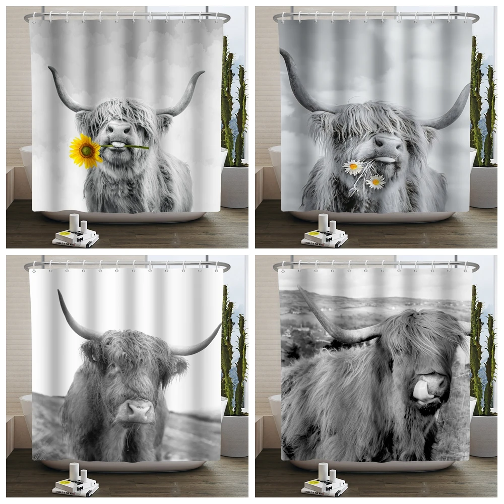 

Cow Shower Curtains Flower Farmhouse Highland Funny Cattle Bull Donke Floral Country Style Waterproof Curtain Bathroom Home Deco