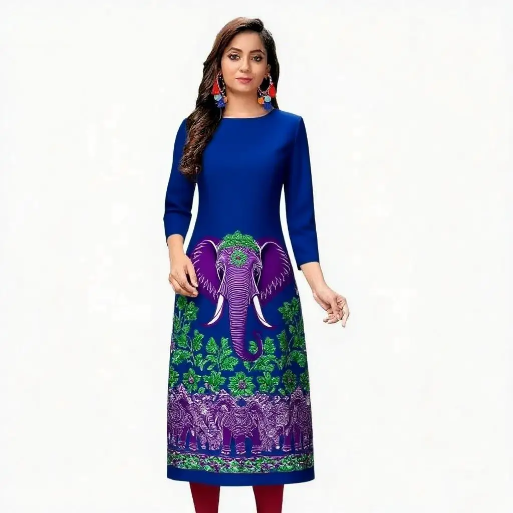 Abito kurt da donna alla moda ed elegante a maniche lunghe a tubo dritto casual girocollo con motivo a elefante colorato