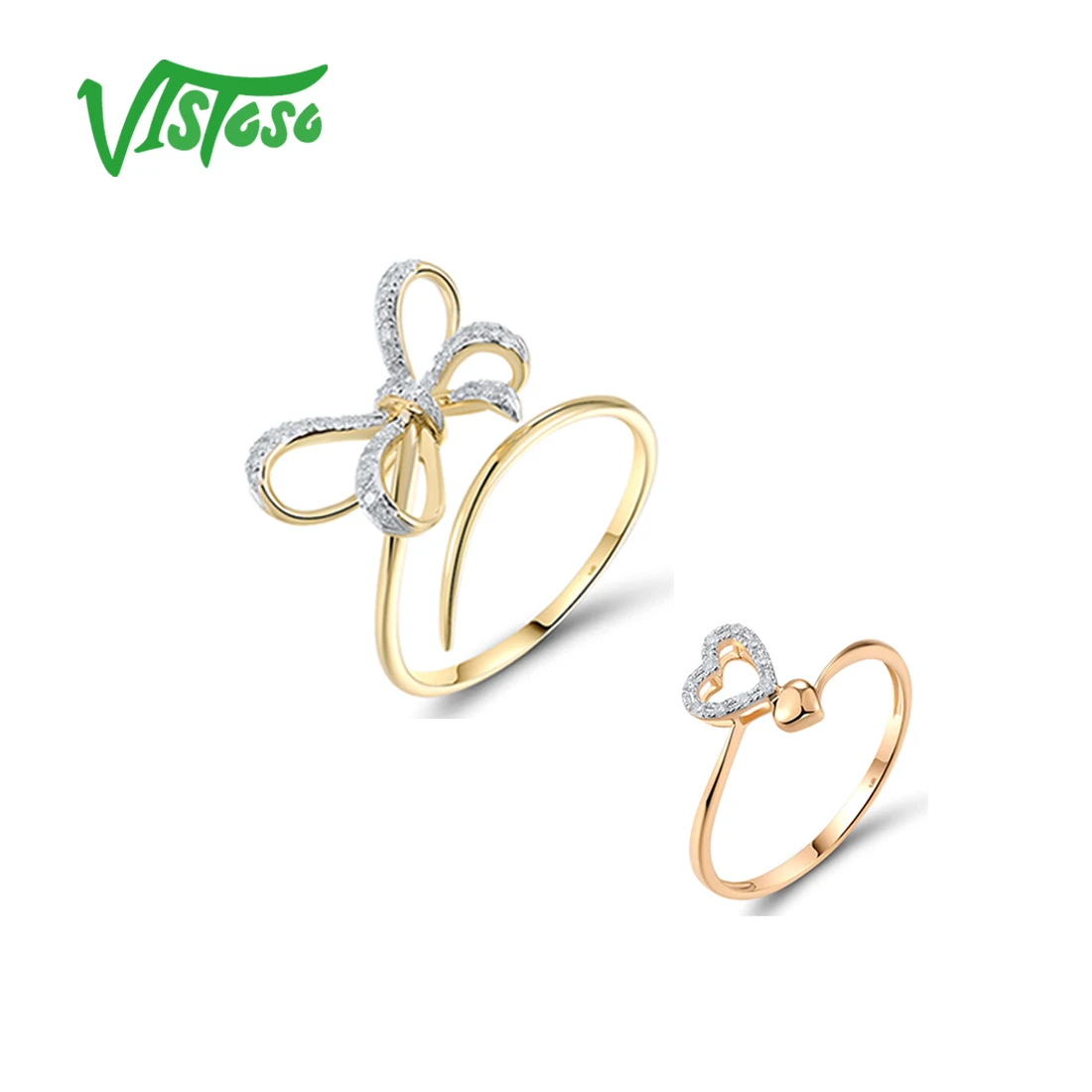 

VISTOSO 14K 585 Yellow Rose Gold Opened Rings For Women Sparkling Diamond Heart & Bowknot Anniversary Wedding Gifts Fine Jewelry