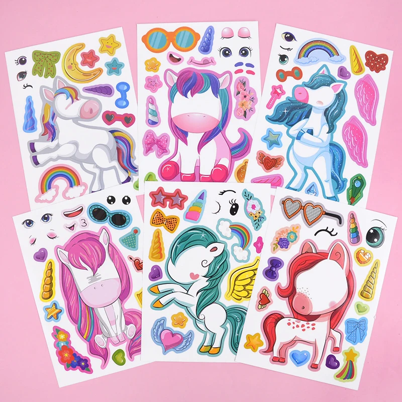 Cartoon Unicorn Make A Face Assemble DIY Puzzle Sticker Children Scrapbook Handmade Cute Kawaii Stickers Decoration Kids Gifts