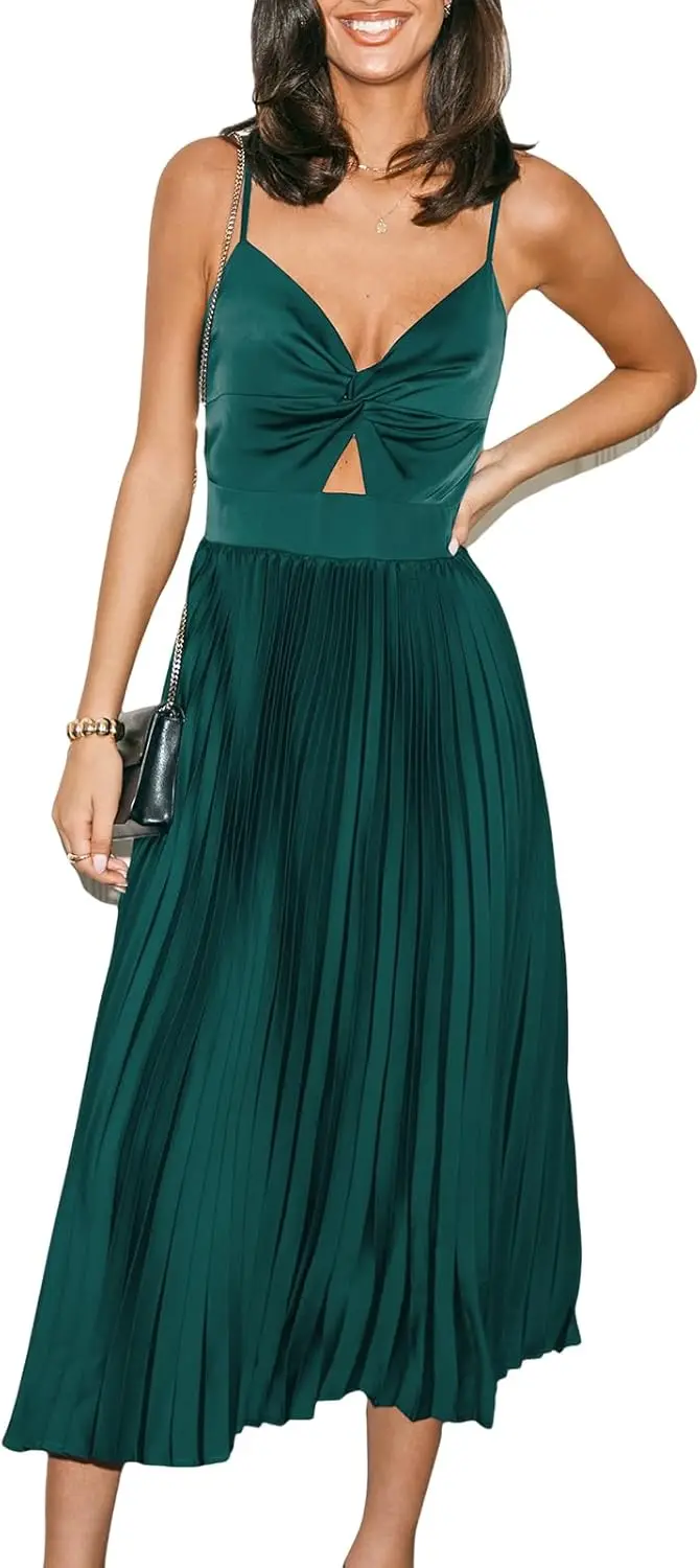 

Midi Dress for Women 2025 Party Spaghetti Straps Sleeveless Pleated Cutout Formal Dress Evening Gowns Ball Gown Luxury Dress