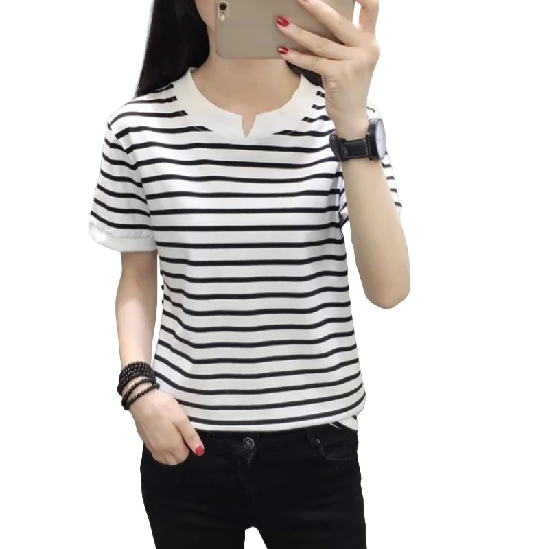 

Summer Women's Cotton Short Sleeve T-shirt Plus Size Loose Fit Bottoming Shirt Black White Striped V-neck Half Sleeve T-shirt