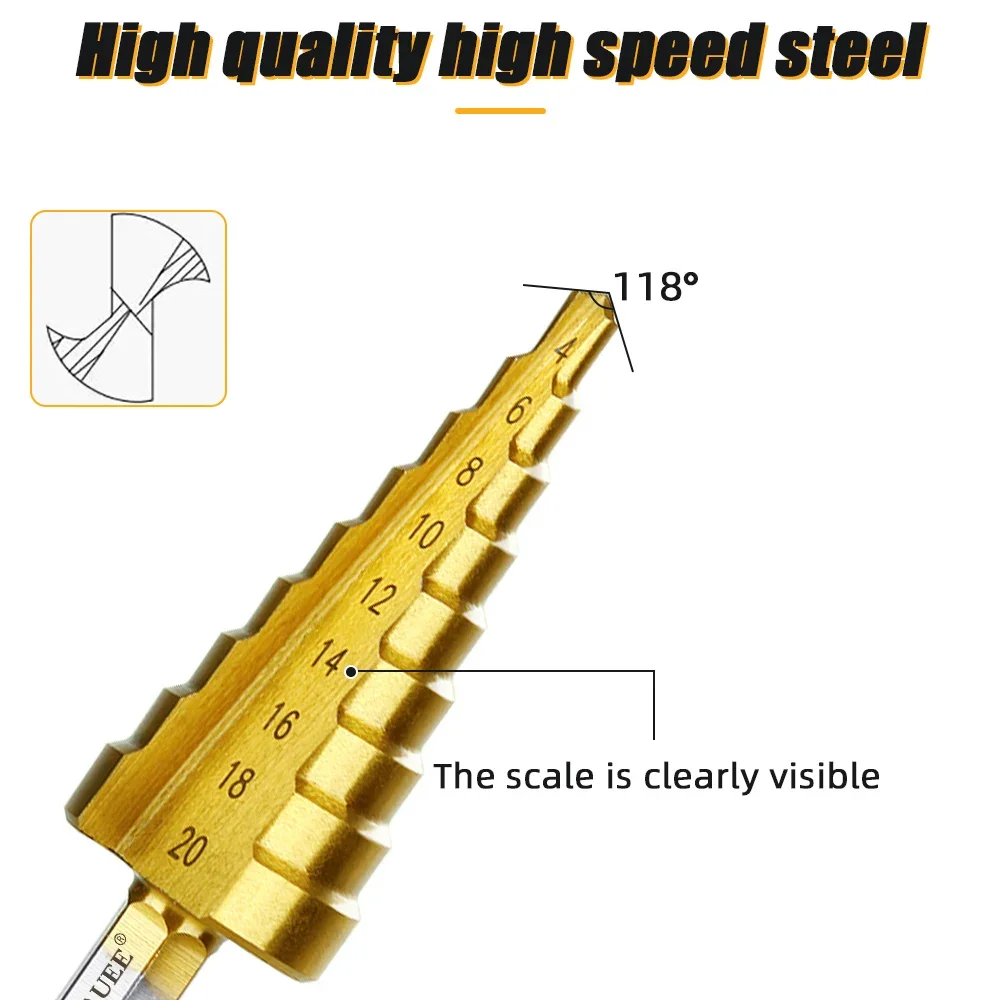 2Pc 4-32mm HSS Spiral Grooved Titanium Coated Step Drill Bit High Speed Steel Metal Wood Hole Cutter Cone Drilling Tool